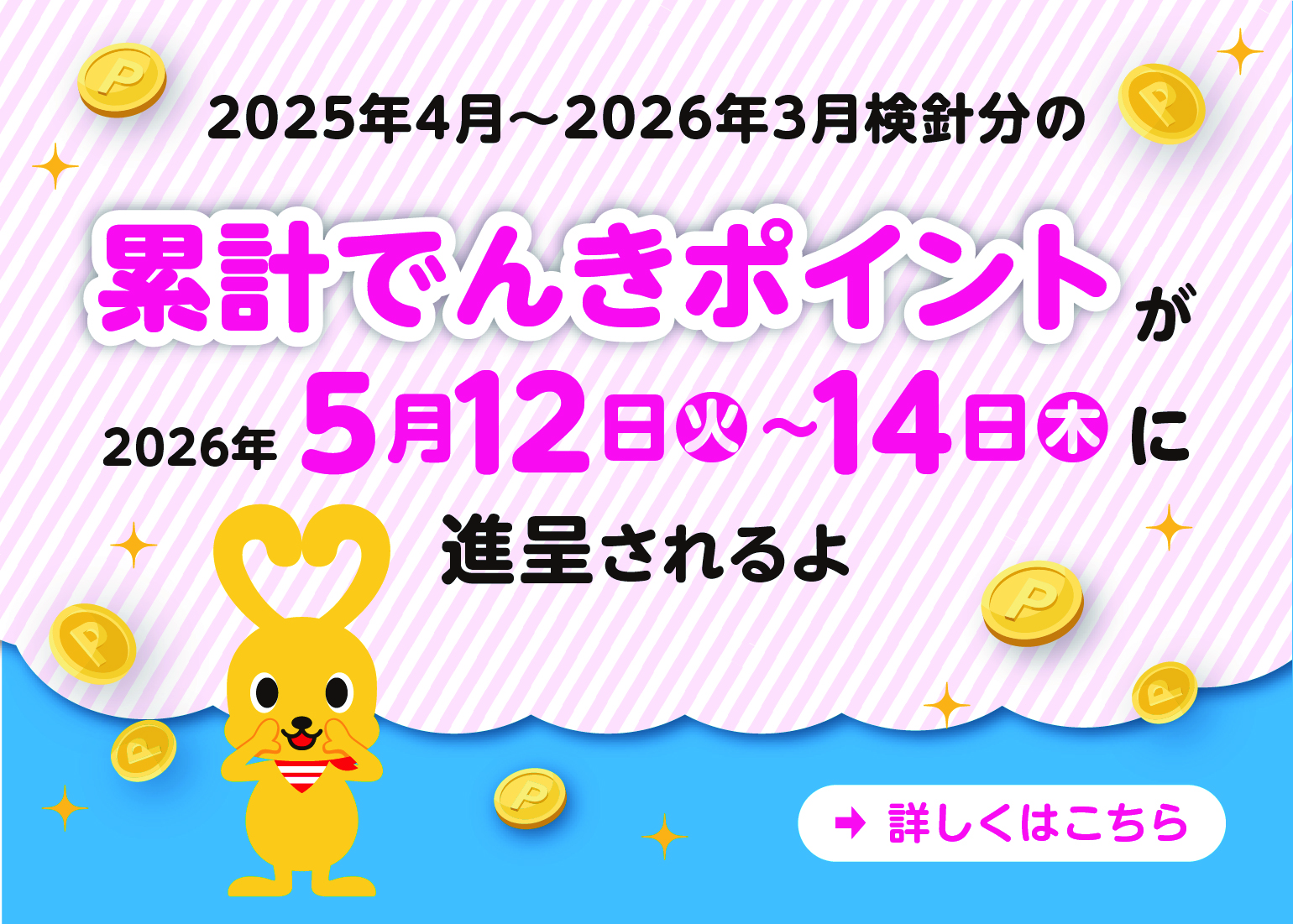 2025年4月～2026年3月検針分の累計でんきポイントが2026年5月12日火～14日木に進呈されるよ