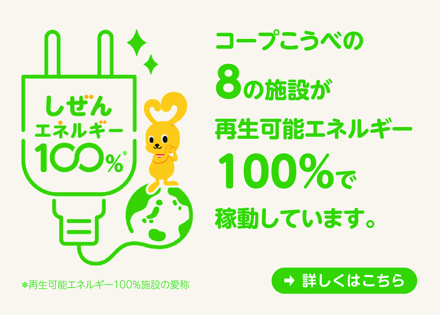 コープこうべの8の施設が再生可能エネルギー100％で稼働しています。/しぜんエネルギー100％ ※再生可能エネルギー100％施設の愛称